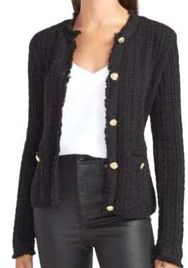 NEW EXPRESS BLACK TEXTURED EMBELLISHED BUTTON FRINGE SWEATER JACKET CARDIGAN M